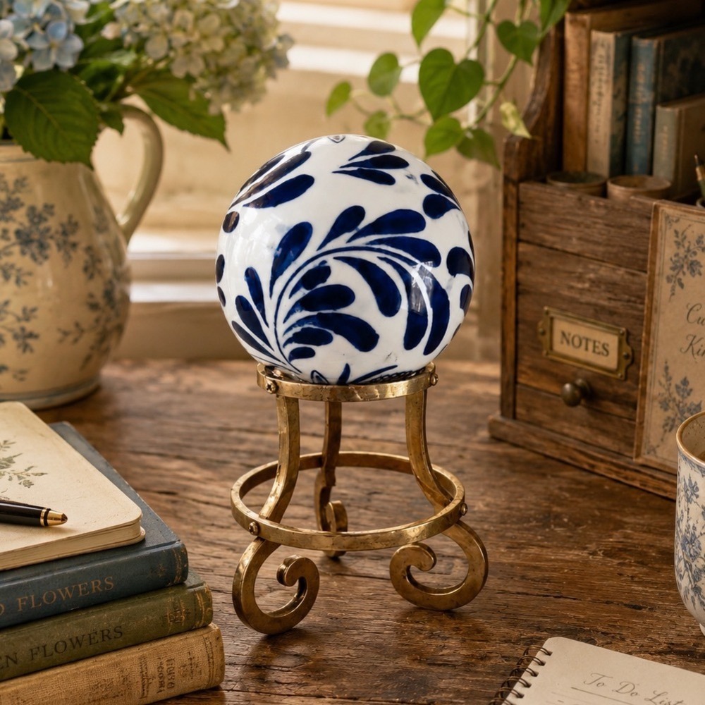 Flow Blue Ceramic Orb on Vintage Brass Stand, Blue White Chinoiserie, Taiwan
